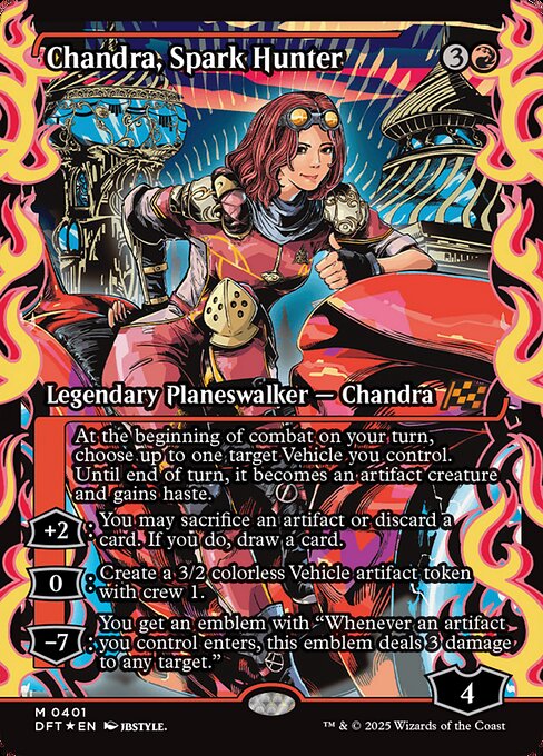 At the beginning of combat on your turn, choose up to one target Vehicle you control. Until end of turn, it becomes an artifact creature and gains haste.
+2: You may sacrifice an artifact or discard a card. If you do, draw a card.
0: Create a 3/2 colorless Vehicle artifact token with crew 1.
−7: You get an emblem with "Whenever an artifact you control enters, this emblem deals 3 damage to any target."