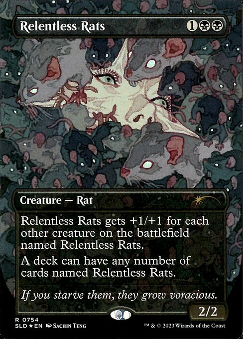 Relentless Rats gets +1/+1 for each other creature on the battlefield named Relentless Rats.
A deck can have any number of cards named Relentless Rats.