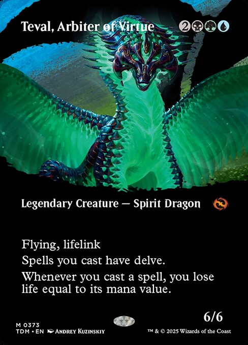 Flying, lifelink
Spells you cast have delve. (Each card you exile from your graveyard while casting those spells pays for {1}.)
Whenever you cast a spell, you lose life equal to its mana value.