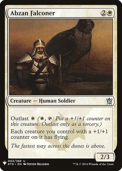 Outlast {W} ({W}, {T}: Put a +1/+1 counter on this creature. Outlast only as a sorcery.)
Each creature you control with a +1/+1 counter on it has flying.