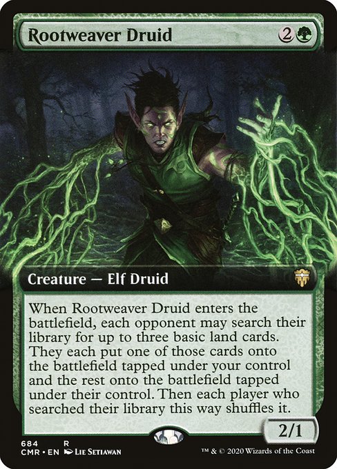 When Rootweaver Druid enters the battlefield, each opponent may search their library for up to three basic land cards. They each put one of those cards onto the battlefield tapped under your control and the rest onto the battlefield tapped under their control. Then each player who searched their library this way shuffles.