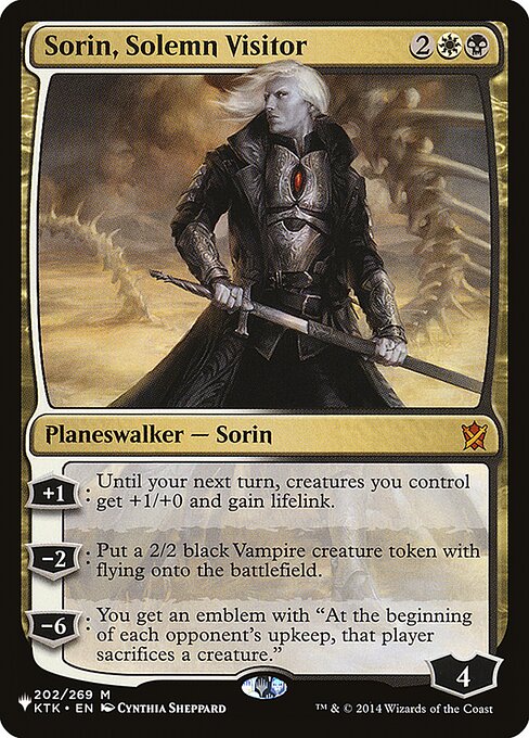 +1: Until your next turn, creatures you control get +1/+0 and gain lifelink.
−2: Create a 2/2 black Vampire creature token with flying.
−6: You get an emblem with "At the beginning of each opponent's upkeep, that player sacrifices a creature."