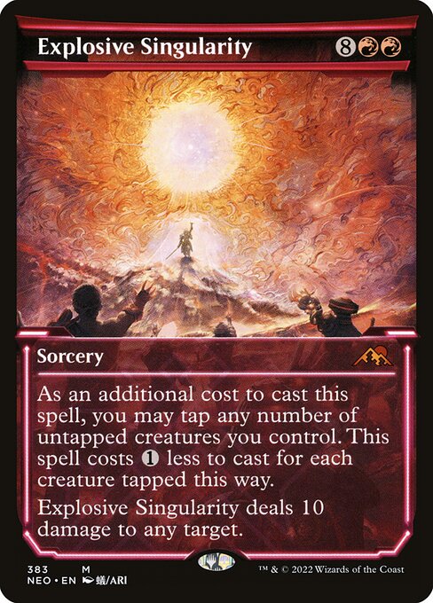 As an additional cost to cast this spell, you may tap any number of untapped creatures you control. This spell costs {1} less to cast for each creature tapped this way.
Explosive Singularity deals 10 damage to any target.