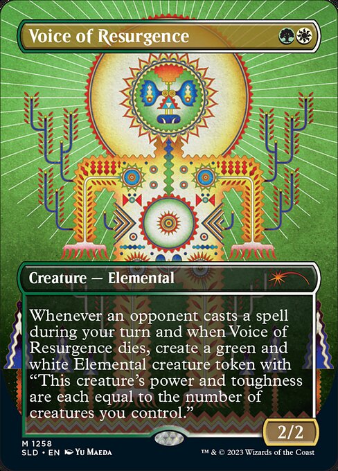 Whenever an opponent casts a spell during your turn and when Voice of Resurgence dies, create a green and white Elemental creature token with "This creature's power and toughness are each equal to the number of creatures you control."