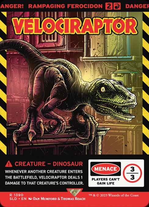Menace
Players can't gain life.
Whenever another creature enters the battlefield, Rampaging Ferocidon deals 1 damage to that creature's controller.