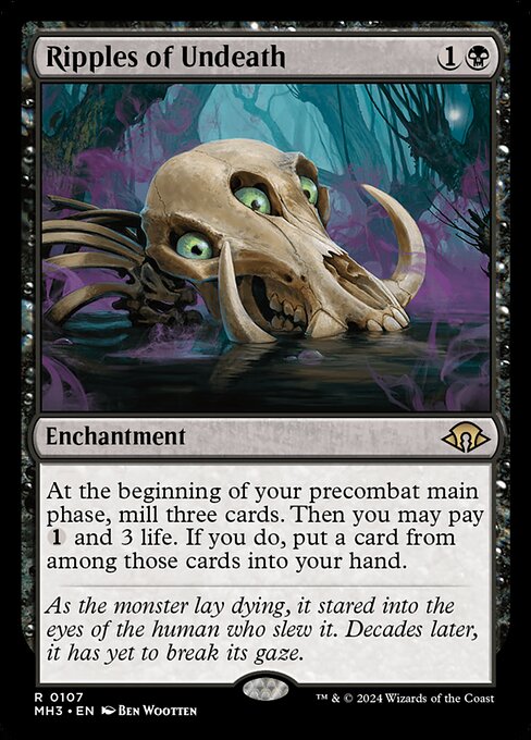 At the beginning of your precombat main phase, mill three cards. Then you may pay {1} and 3 life. If you do, put a card from among those cards into your hand.