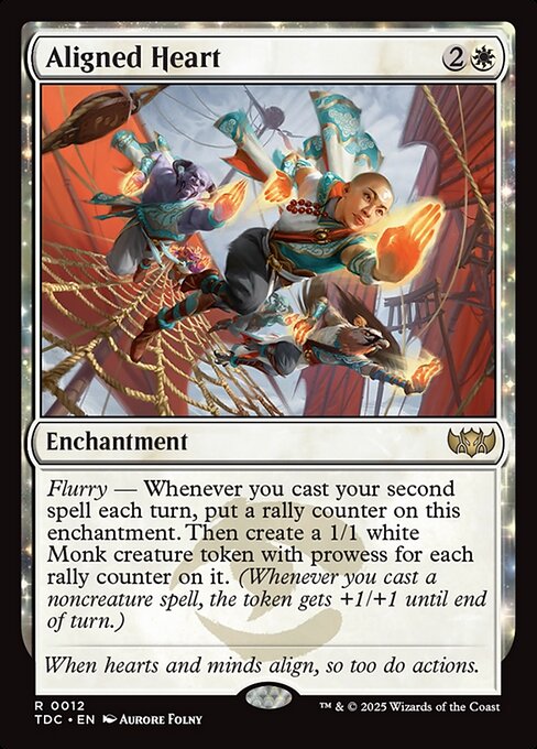Flurry — Whenever you cast your second spell each turn, put a rally counter on this enchantment. Then create a 1/1 white Monk creature token with prowess for each rally counter on it. (Whenever you cast a noncreature spell, the token gets +1/+1 until end of turn.)