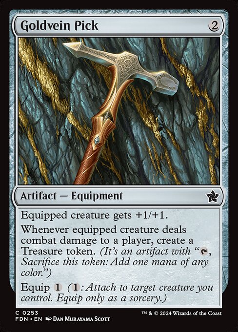 Equipped creature gets +1/+1.
Whenever equipped creature deals combat damage to a player, create a Treasure token. (It's an artifact with "{T}, Sacrifice this token: Add one mana of any color.")
Equip {1} ({1}: Attach to target creature you control. Equip only as a sorcery.)