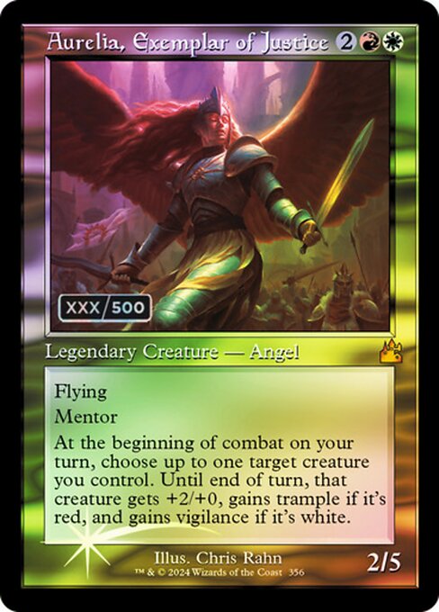 Flying
Mentor (Whenever this creature attacks, put a +1/+1 counter on target attacking creature with lesser power.)
At the beginning of combat on your turn, choose up to one target creature you control. Until end of turn, that creature gets +2/+0, gains trample if it's red, and gains vigilance if it's white.