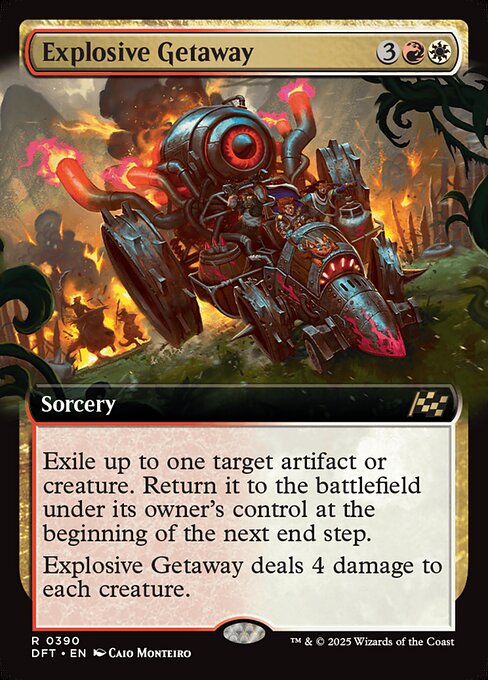 Exile up to one target artifact or creature. Return it to the battlefield under its owner's control at the beginning of the next end step.
Explosive Getaway deals 4 damage to each creature.