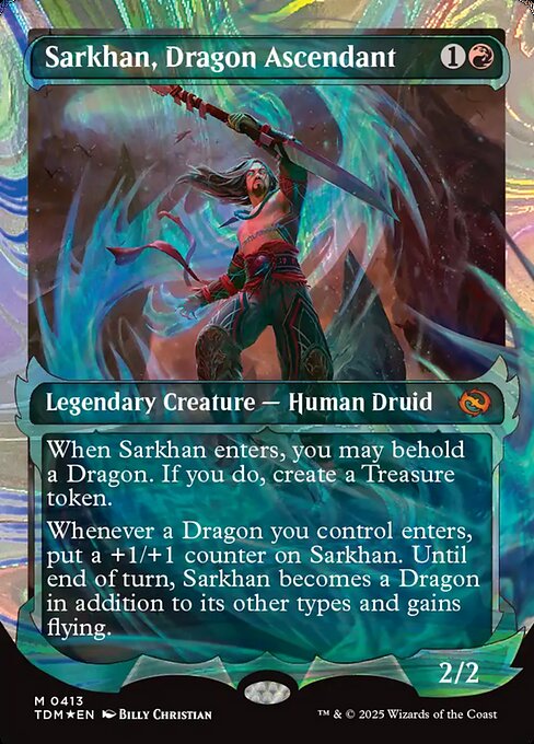 When Sarkhan enters, you may behold a Dragon. If you do, create a Treasure token. (To behold a Dragon, choose a Dragon you control or reveal a Dragon card from your hand.)
Whenever a Dragon you control enters, put a +1/+1 counter on Sarkhan. Until end of turn, Sarkhan becomes a Dragon in addition to its other types and gains flying.