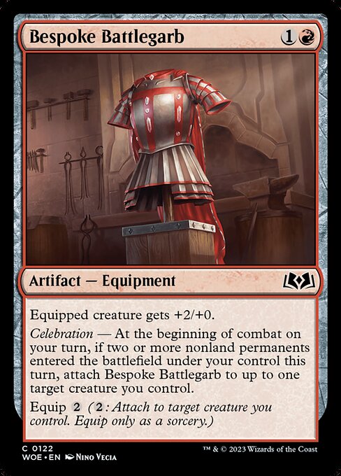 Equipped creature gets +2/+0.
Celebration — At the beginning of combat on your turn, if two or more nonland permanents entered the battlefield under your control this turn, attach Bespoke Battlegarb to up to one target creature you control.
Equip {2} ({2}: Attach to target creature you control. Equip only as a sorcery.)