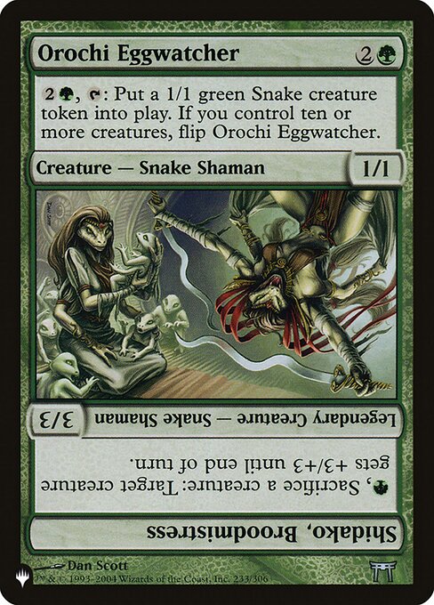 {2}{G}, {T}: Create a 1/1 green Snake creature token. If you control ten or more creatures, flip Orochi Eggwatcher.   {G}, Sacrifice a creature: Target creature gets +3/+3 until end of turn.