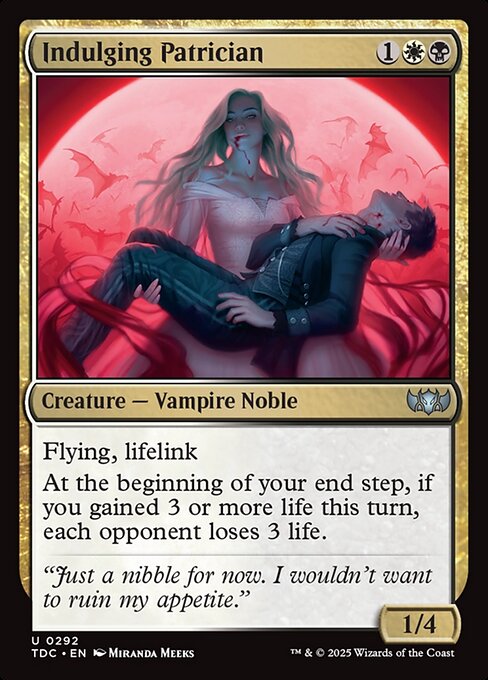 Flying
Lifelink (Damage dealt by this creature also causes you to gain that much life.)
At the beginning of your end step, if you gained 3 or more life this turn, each opponent loses 3 life.