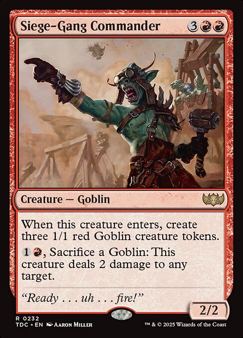 When this creature enters, create three 1/1 red Goblin creature tokens.
{1}{R}, Sacrifice a Goblin: This creature deals 2 damage to any target.