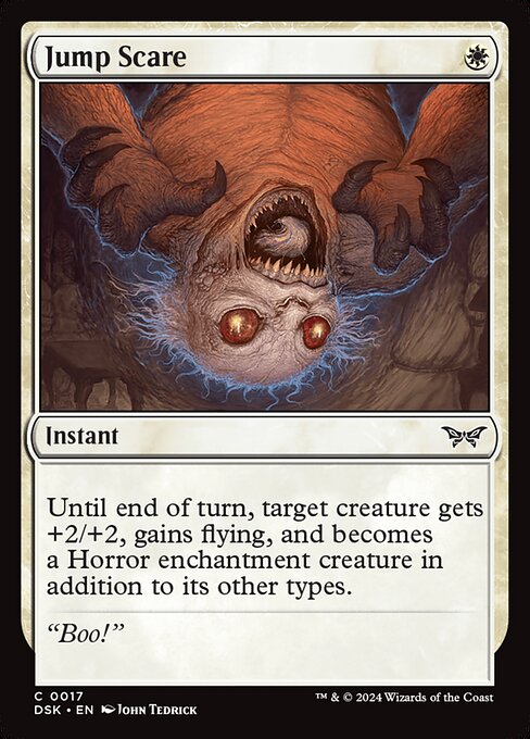 Until end of turn, target creature gets +2/+2, gains flying, and becomes a Horror enchantment creature in addition to its other types.