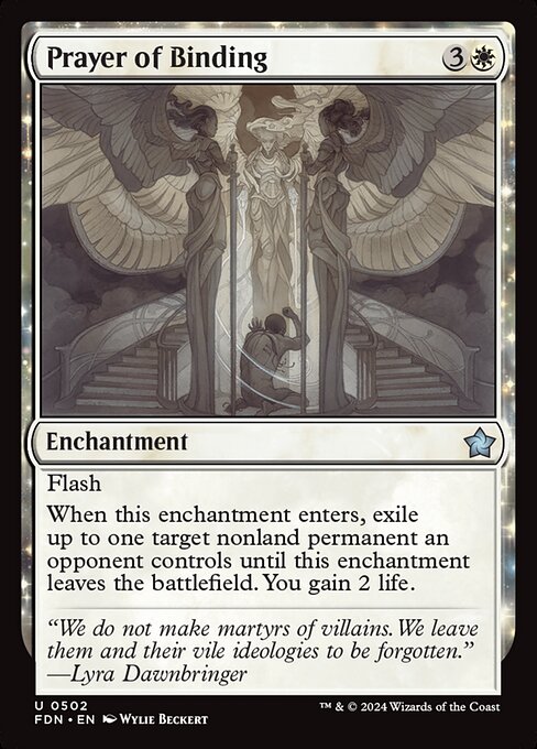 Flash
When this enchantment enters, exile up to one target nonland permanent an opponent controls until this enchantment leaves the battlefield. You gain 2 life.