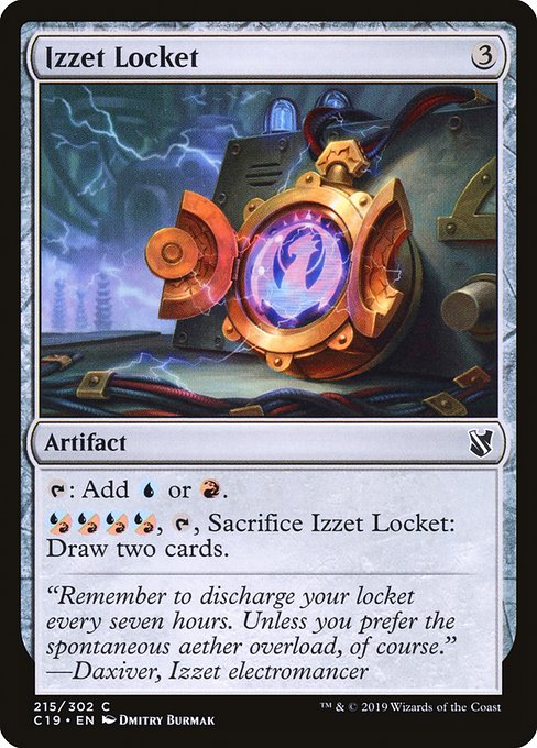 {T}: Add {U} or {R}.
{U/R}{U/R}{U/R}{U/R}, {T}, Sacrifice Izzet Locket: Draw two cards.