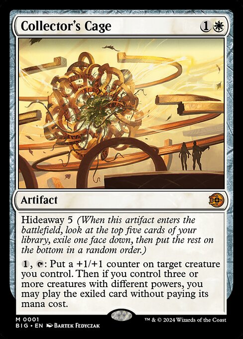Hideaway 5 (When this artifact enters the battlefield, look at the top five cards of your library, exile one face down, then put the rest on the bottom in a random order.)
{1}, {T}: Put a +1/+1 counter on target creature you control. Then if you control three or more creatures with different powers, you may play the exiled card without paying its mana cost.