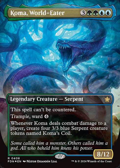This spell can't be countered.
Trample, ward {4}
Whenever Koma deals combat damage to a player, create four 3/3 blue Serpent creature tokens named Koma's Coil.