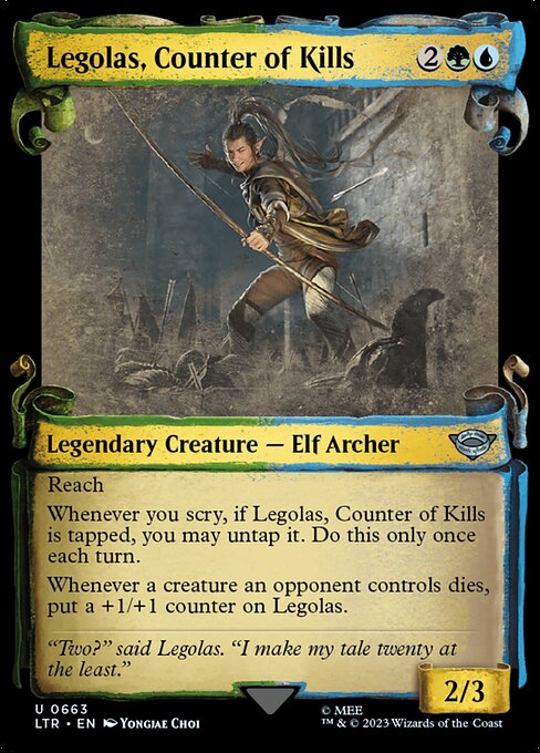 Reach
Whenever you scry, if Legolas, Counter of Kills is tapped, you may untap it. Do this only once each turn.
Whenever a creature an opponent controls dies, put a +1/+1 counter on Legolas.
