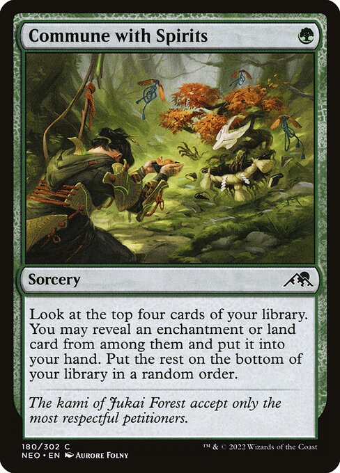 Look at the top four cards of your library. You may reveal an enchantment or land card from among them and put it into your hand. Put the rest on the bottom of your library in a random order.