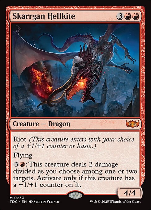 Riot (This creature enters with your choice of a +1/+1 counter or haste.)
Flying
{3}{R}: This creature deals 2 damage divided as you choose among one or two targets. Activate only if this creature has a +1/+1 counter on it.