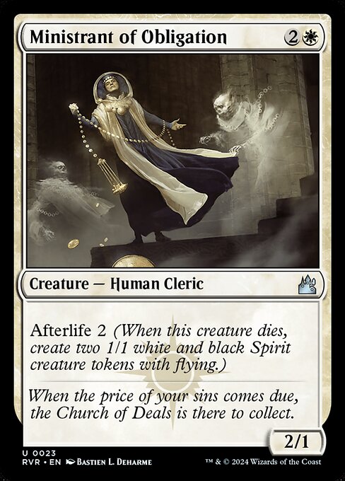 Afterlife 2 (When this creature dies, create two 1/1 white and black Spirit creature tokens with flying.)