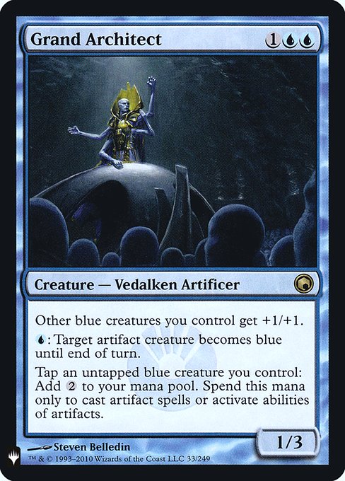 Other blue creatures you control get +1/+1.
{U}: Target artifact creature becomes blue until end of turn.
Tap an untapped blue creature you control: Add {C}{C}. Spend this mana only to cast artifact spells or activate abilities of artifacts.