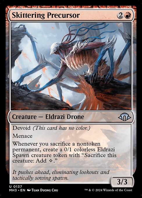 Devoid (This card has no color.)
Menace
Whenever you sacrifice a nontoken permanent, create a 0/1 colorless Eldrazi Spawn creature token with "Sacrifice this creature: Add {C}."