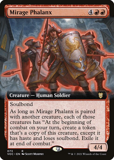 Soulbond (You may pair this creature with another unpaired creature when either enters the battlefield. They remain paired for as long as you control both of them.)
As long as Mirage Phalanx is paired with another creature, each of those creatures has "At the beginning of combat on your turn, create a token that's a copy of this creature, except it has haste and loses soulbond. Exile it at end of combat."