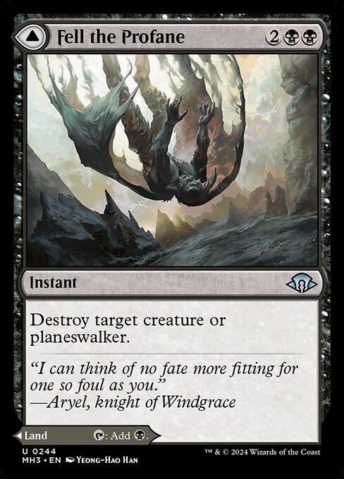 Destroy target creature or planeswalker.   As Fell Mire enters the battlefield, you may pay 3 life. If you don't, it enters the battlefield tapped.
{T}: Add {B}.