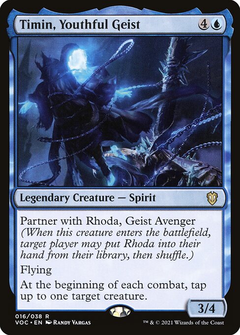 Partner with Rhoda, Geist Avenger (When this creature enters the battlefield, target player may put Rhoda into their hand from their library, then shuffle.)
Flying
At the beginning of each combat, tap up to one target creature.