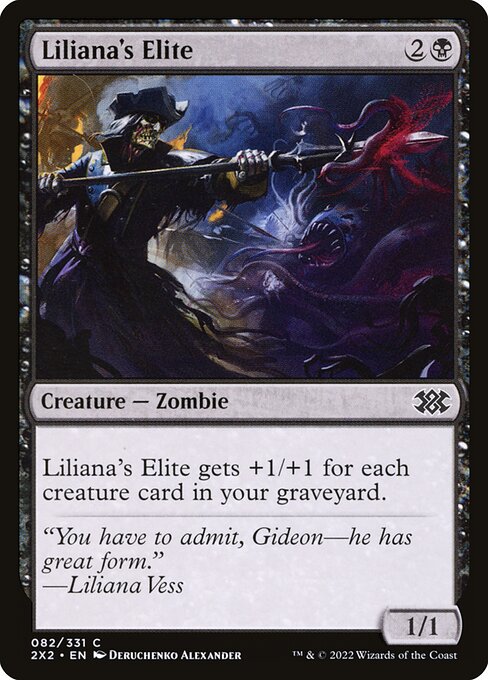 Liliana's Elite gets +1/+1 for each creature card in your graveyard.