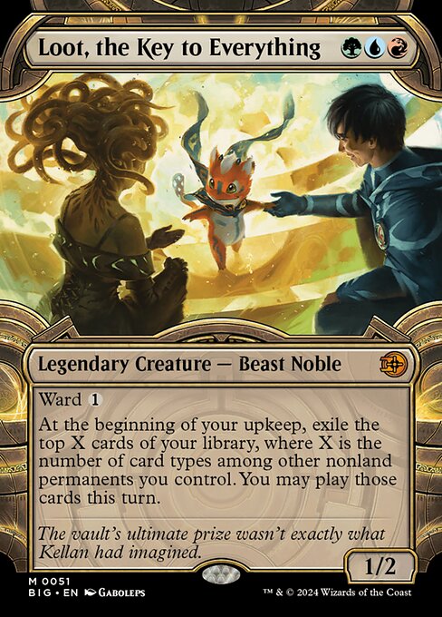 Ward {1}
At the beginning of your upkeep, exile the top X cards of your library, where X is the number of card types among other nonland permanents you control. You may play those cards this turn.
