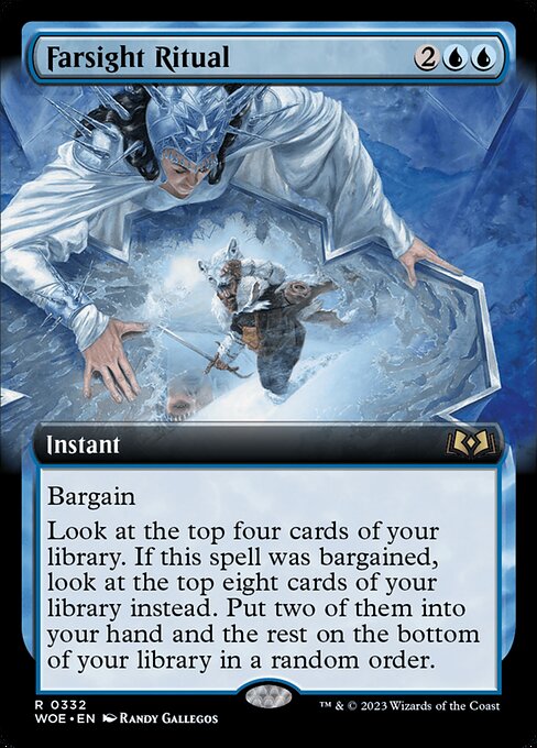Bargain (You may sacrifice an artifact, enchantment, or token as you cast this spell.)
Look at the top four cards of your library. If this spell was bargained, look at the top eight cards of your library instead. Put two of them into your hand and the rest on the bottom of your library in a random order.