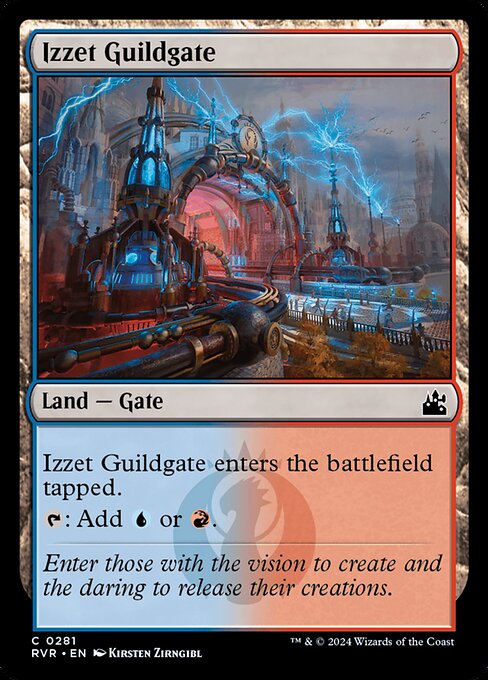 Izzet Guildgate enters tapped.
{T}: Add {U} or {R}.