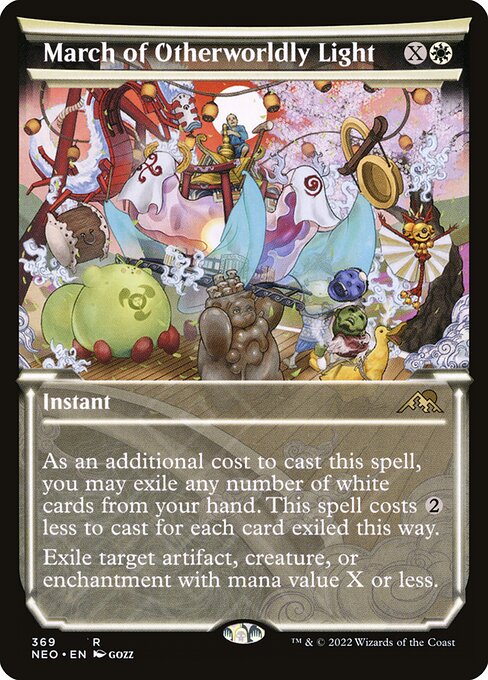 As an additional cost to cast this spell, you may exile any number of white cards from your hand. This spell costs {2} less to cast for each card exiled this way.
Exile target artifact, creature, or enchantment with mana value X or less.