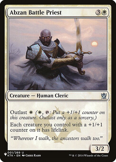 Outlast {W} ({W}, {T}: Put a +1/+1 counter on this creature. Outlast only as a sorcery.)
Each creature you control with a +1/+1 counter on it has lifelink.