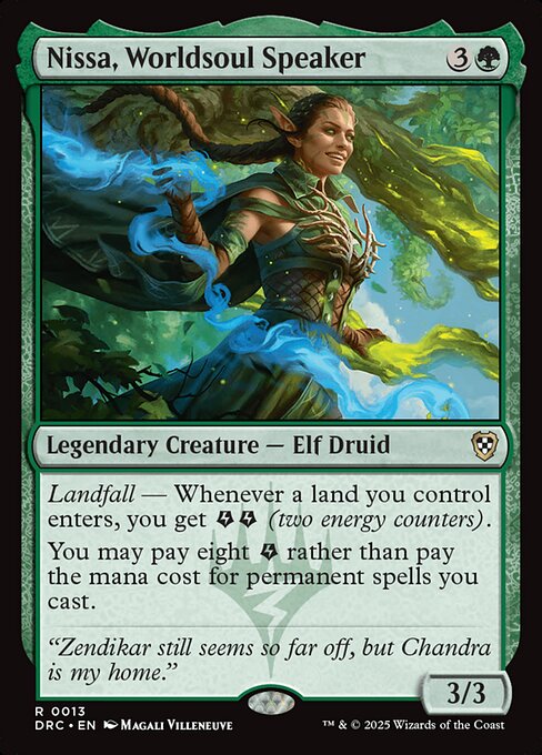 Landfall — Whenever a land you control enters, you get {E}{E} (two energy counters).
You may pay eight {E} rather than pay the mana cost for permanent spells you cast.