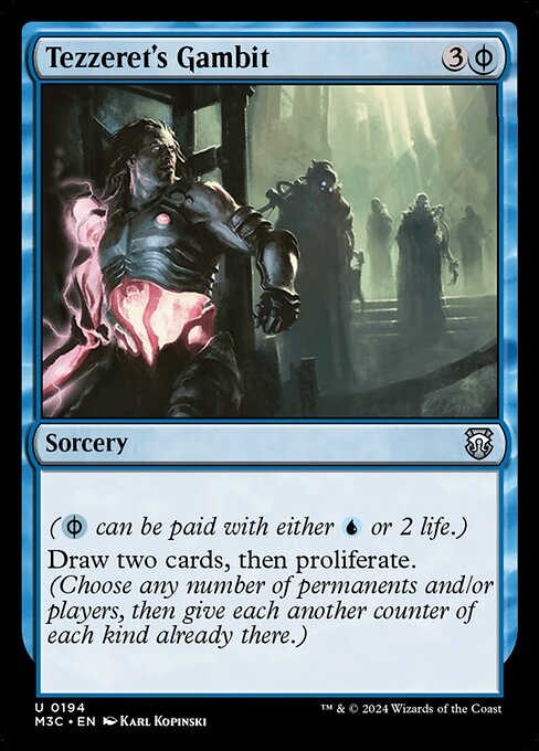 ({U/P} can be paid with either {U} or 2 life.)
Draw two cards, then proliferate. (Choose any number of permanents and/or players, then give each another counter of each kind already there.)