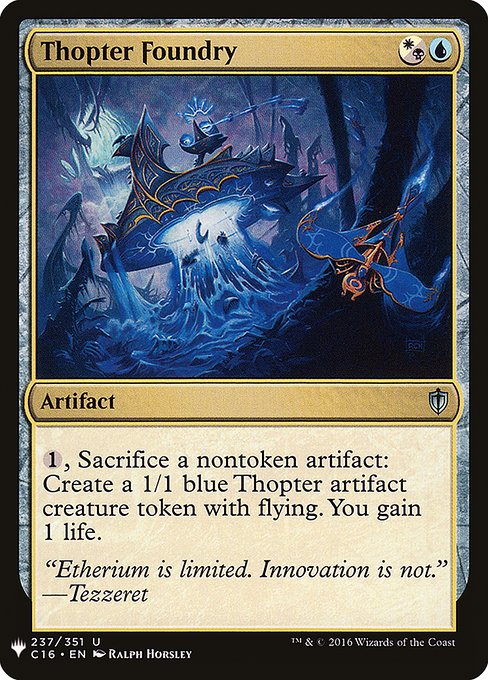 {1}, Sacrifice a nontoken artifact: Create a 1/1 blue Thopter artifact creature token with flying. You gain 1 life.