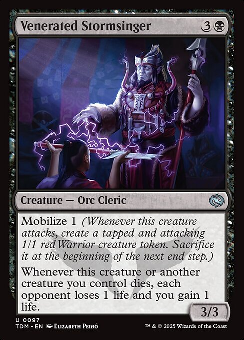 Mobilize 1 (Whenever this creature attacks, create a tapped and attacking 1/1 red Warrior creature token. Sacrifice it at the beginning of the next end step.)
Whenever this creature or another creature you control dies, each opponent loses 1 life and you gain 1 life.
