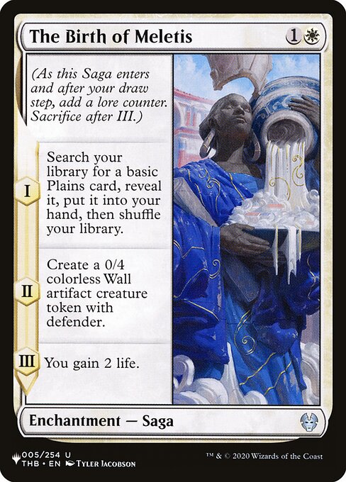 (As this Saga enters and after your draw step, add a lore counter. Sacrifice after III.)
I — Search your library for a basic Plains card, reveal it, put it into your hand, then shuffle.
II — Create a 0/4 colorless Wall artifact creature token with defender.
III — You gain 2 life.