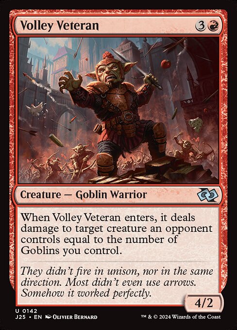 When this creature enters, it deals damage to target creature an opponent controls equal to the number of Goblins you control.