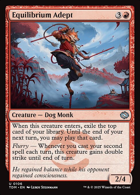 When this creature enters, exile the top card of your library. Until the end of your next turn, you may play that card.
Flurry — Whenever you cast your second spell each turn, this creature gains double strike until end of turn.