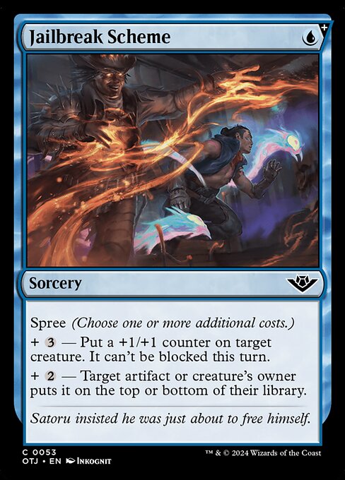 Spree (Choose one or more additional costs.)
+ {3} — Put a +1/+1 counter on target creature. It can't be blocked this turn.
+ {2} — Target artifact or creature's owner puts it on the top or bottom of their library.