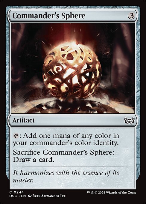 {T}: Add one mana of any color in your commander's color identity.
Sacrifice Commander's Sphere: Draw a card.