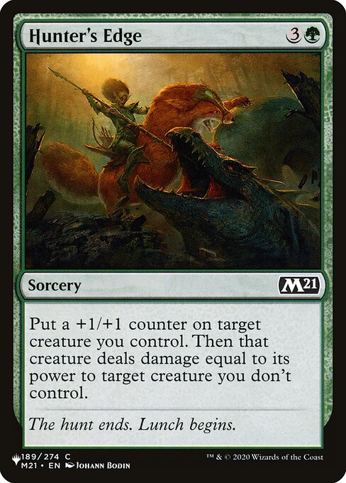 Put a +1/+1 counter on target creature you control. Then that creature deals damage equal to its power to target creature you don't control.