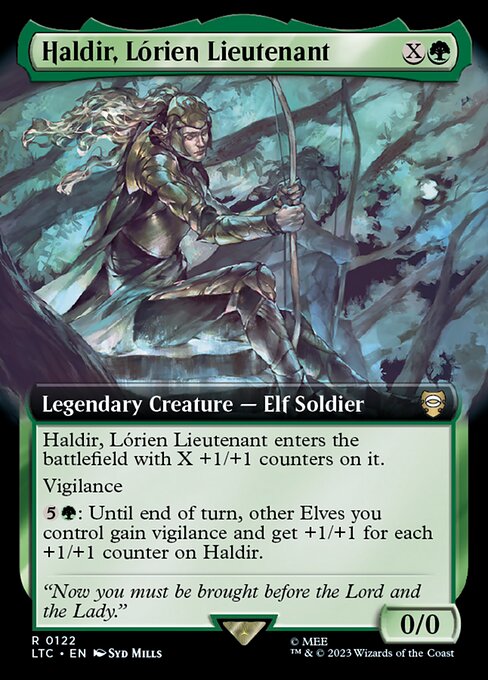 Haldir, Lórien Lieutenant enters the battlefield with X +1/+1 counters on it.
Vigilance
{5}{G}: Until end of turn, other Elves you control gain vigilance and get +1/+1 for each +1/+1 counter on Haldir.